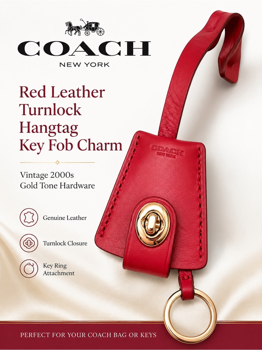 Coach Red Leather Turnlock Hangtag Key Fob Charm Vintage 2000s Gold Tone
